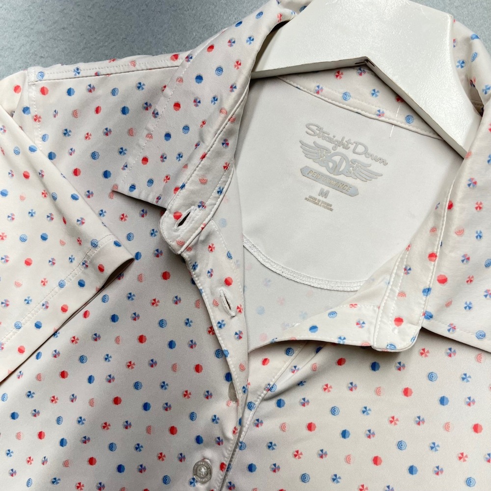 Straight Down Performance Mens Medium White Red Blue Umbrella Print Golf Polo